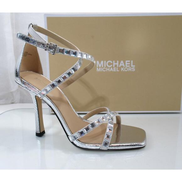 Michael Kors Celia Strappy Dress Heels Square Crystals Sandal Silver Size 9